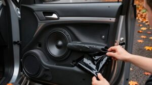 Процесс шумоизоляции двери автомобиля вибродемпфирующими материалами для оптимизации автозвука в сервисе АвтоКлуб 74
